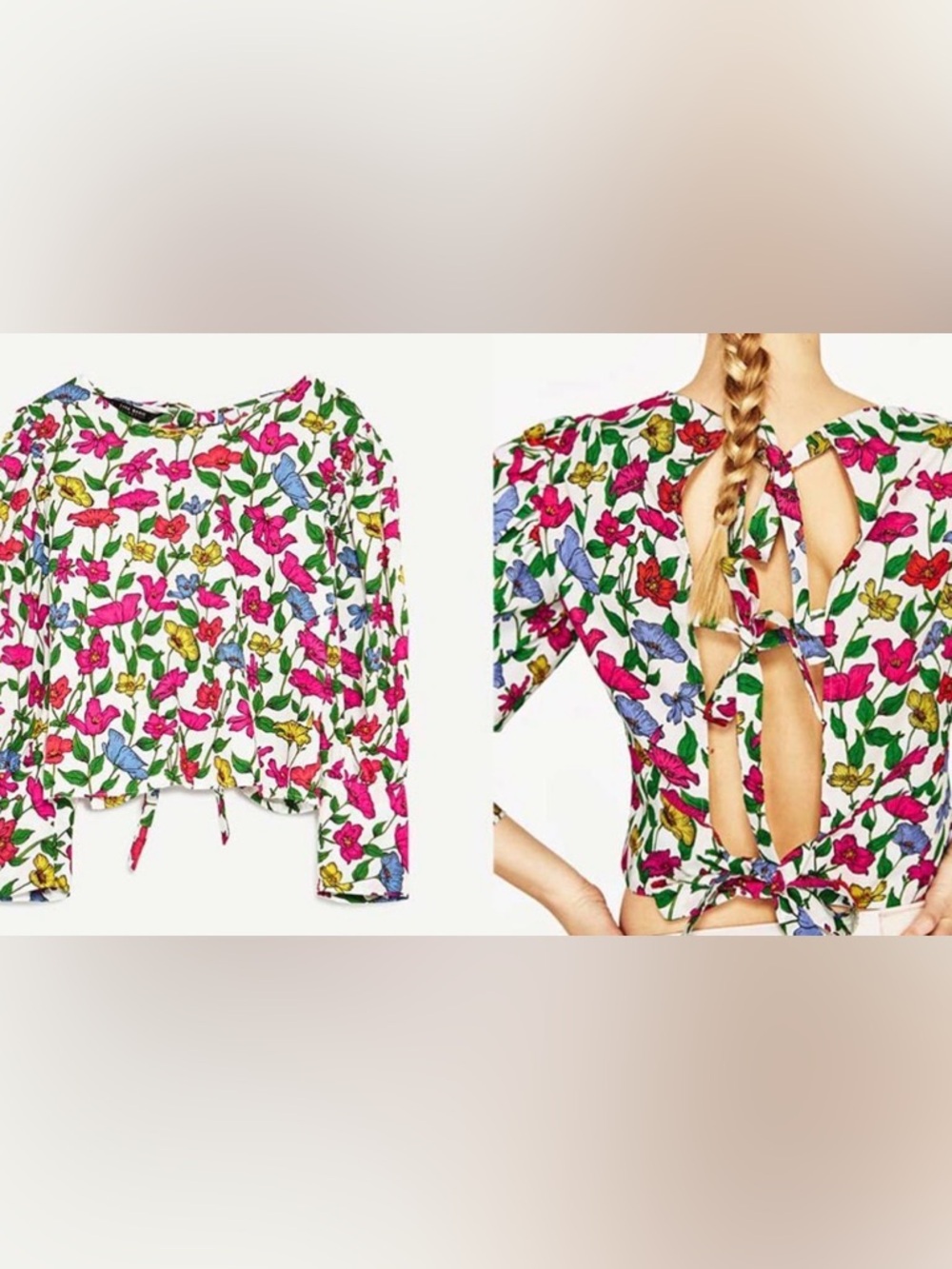 ZARA Basic Tie-Back Floral Puff Sleeve Top XL - Picture 2 of 9